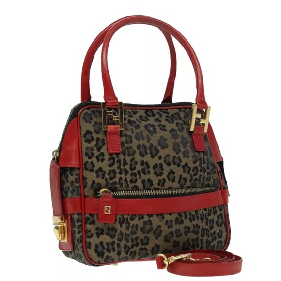 AUTHENTICITY GUARANTEED FENDI Hand Bag Canvas 2way Beige Red gold - Picture 1 of 15